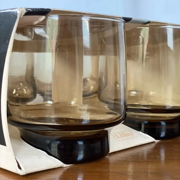 {SOLD} NIB Set mid-century modern smoky rock glasses by Libbey Co - Picture 6 of 12